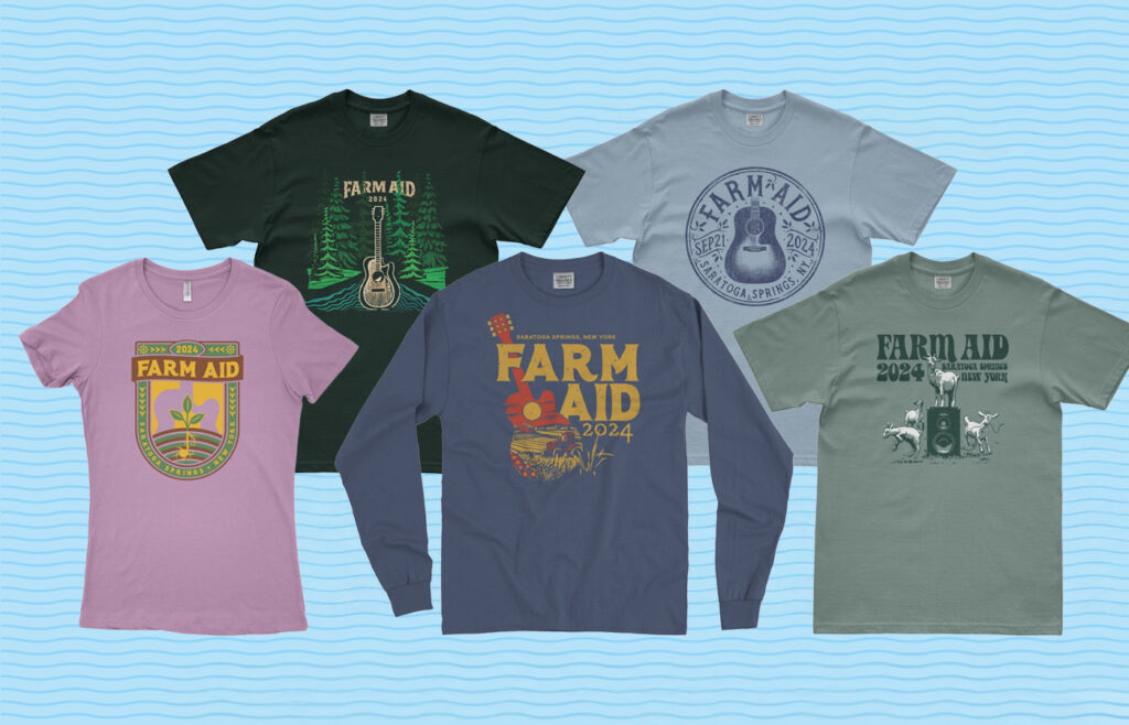 Farm Aid 2024 shirts over a wavy background