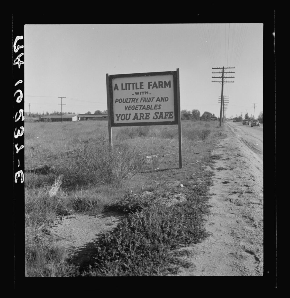 Real estate sign along the highway on which hundreds of drought refugees and migrant workers travel. Riverside County, California